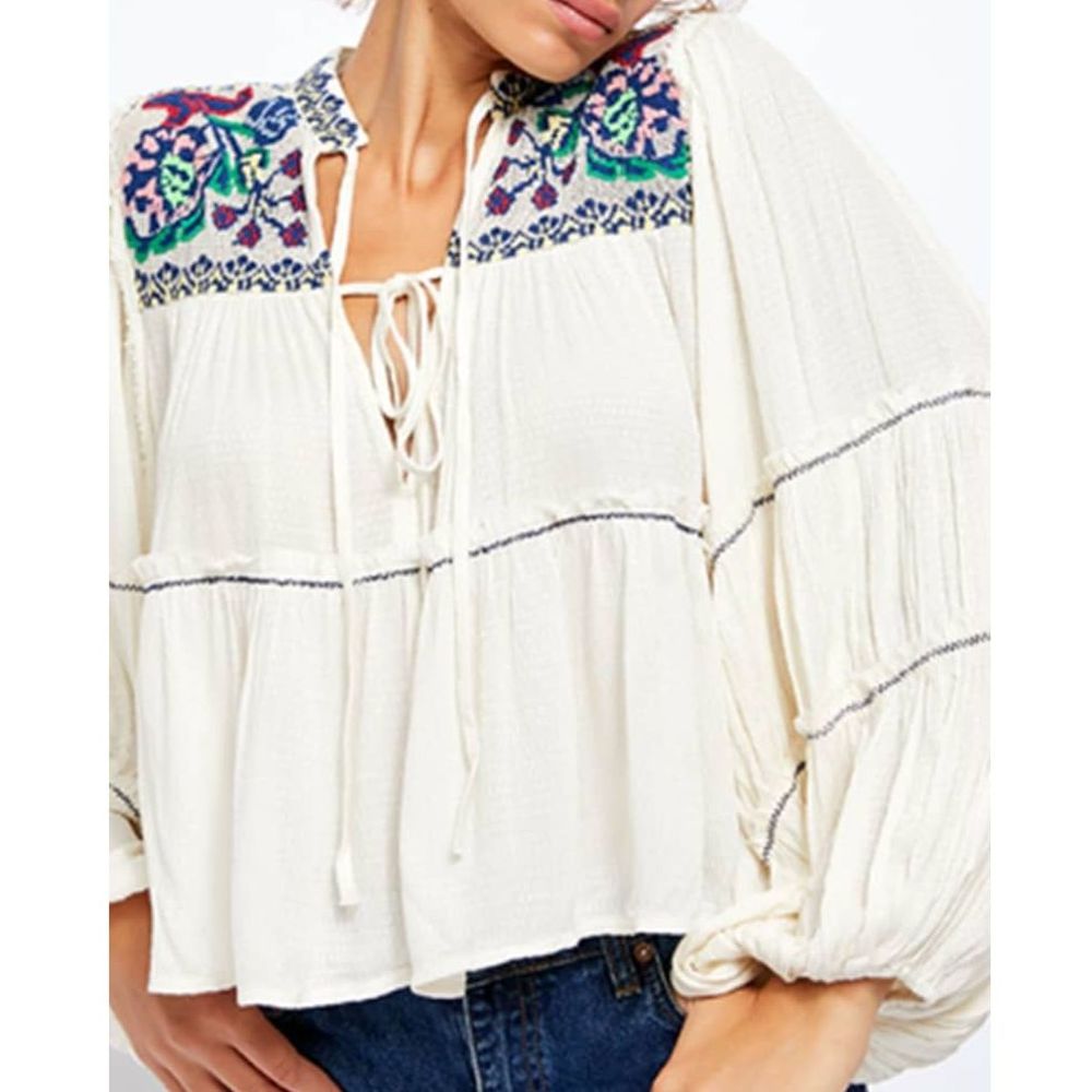 Free People Cream Blouse with Vibrant Embroidery